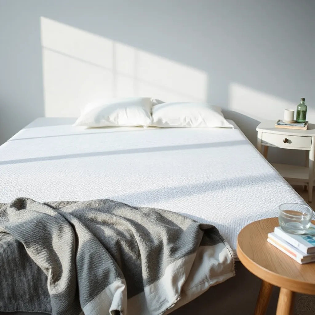 Neatly made bed with a cooling gel mattress surface in a fresh, cool-toned bedroom