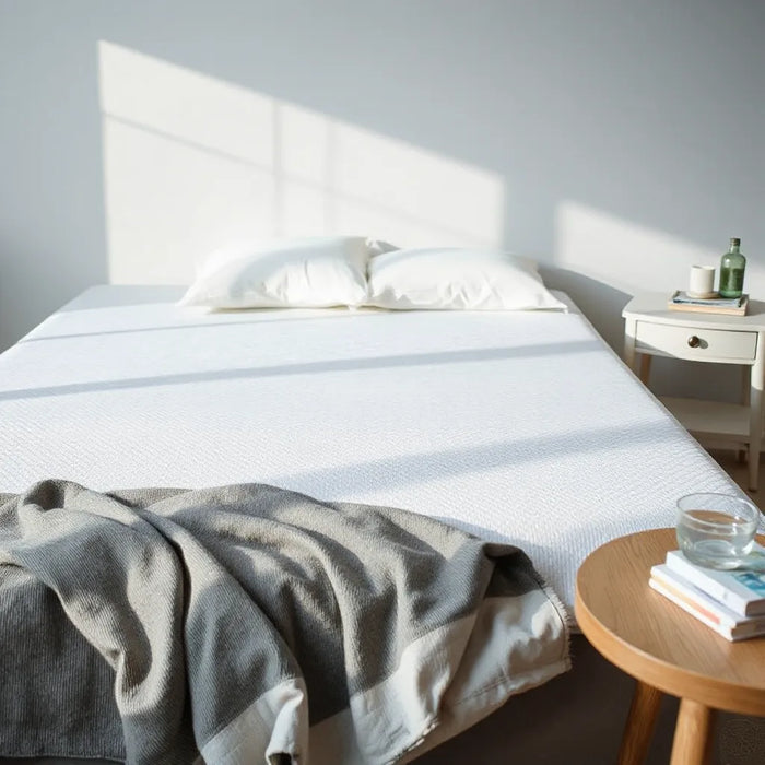 Neatly made bed with a cooling gel mattress surface in a fresh, cool-toned bedroom