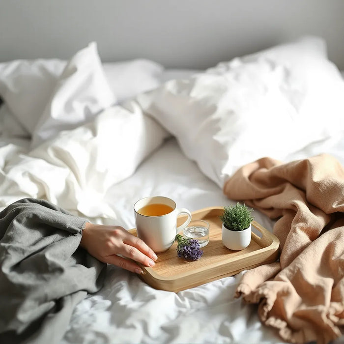 Person relaxing with a warm cup of herbal tea on a tidy bedside tray in soft morning light