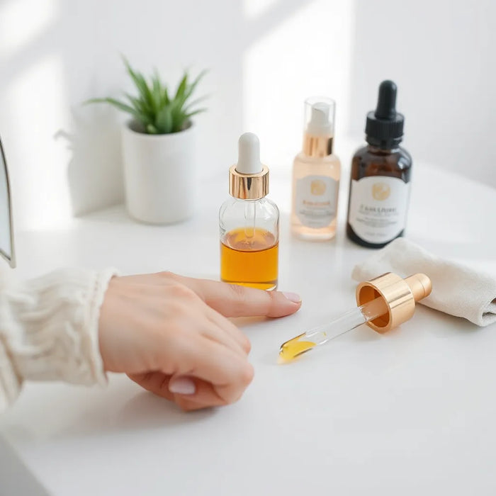 Glass dropper bottle dispensing serum on a fingertip beside simple skincare items