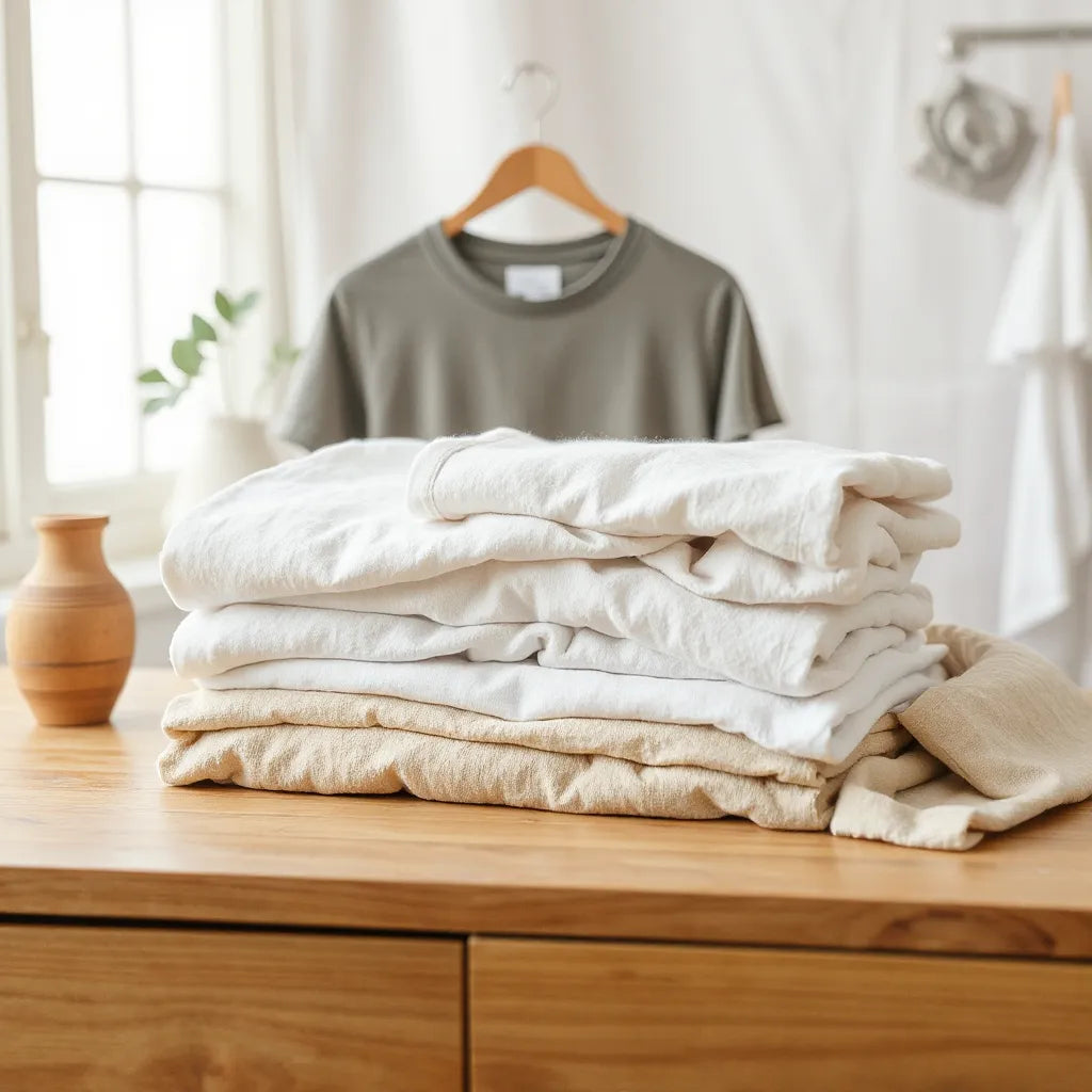 Neatly folded organic cotton t-shirts with visible fabric texture on a wooden surface in soft natural light