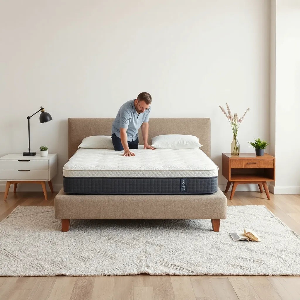 Person adjusting modular mattress comfort components in a modern, uncluttered bedroom