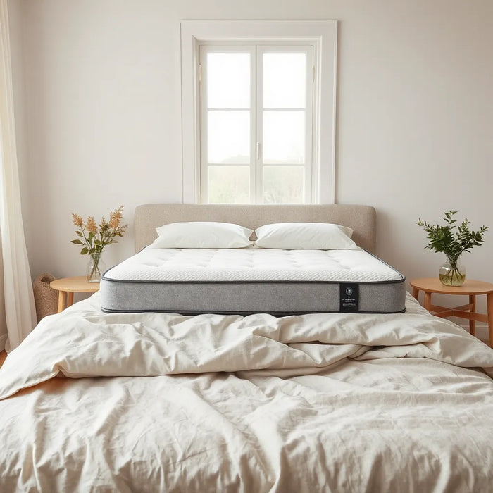 Neatly made bed with a premium mattress and soft bedding in natural morning light