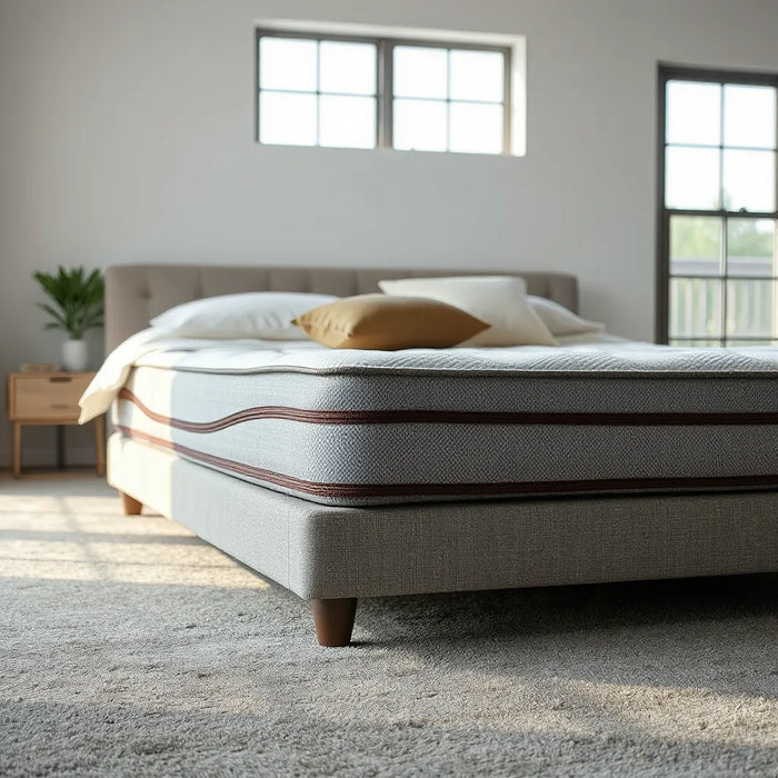 Modern mattress with firmer lumbar zoning detail and neutral bedding in a bright bedroom