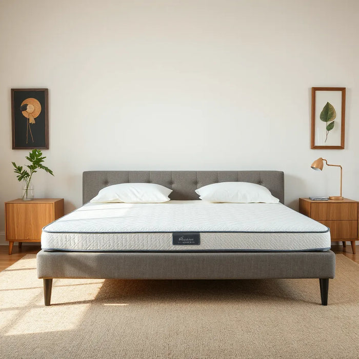 Neatly made bed with supportive mattress showing lumbar-friendly alignment in a simple bedroom setting