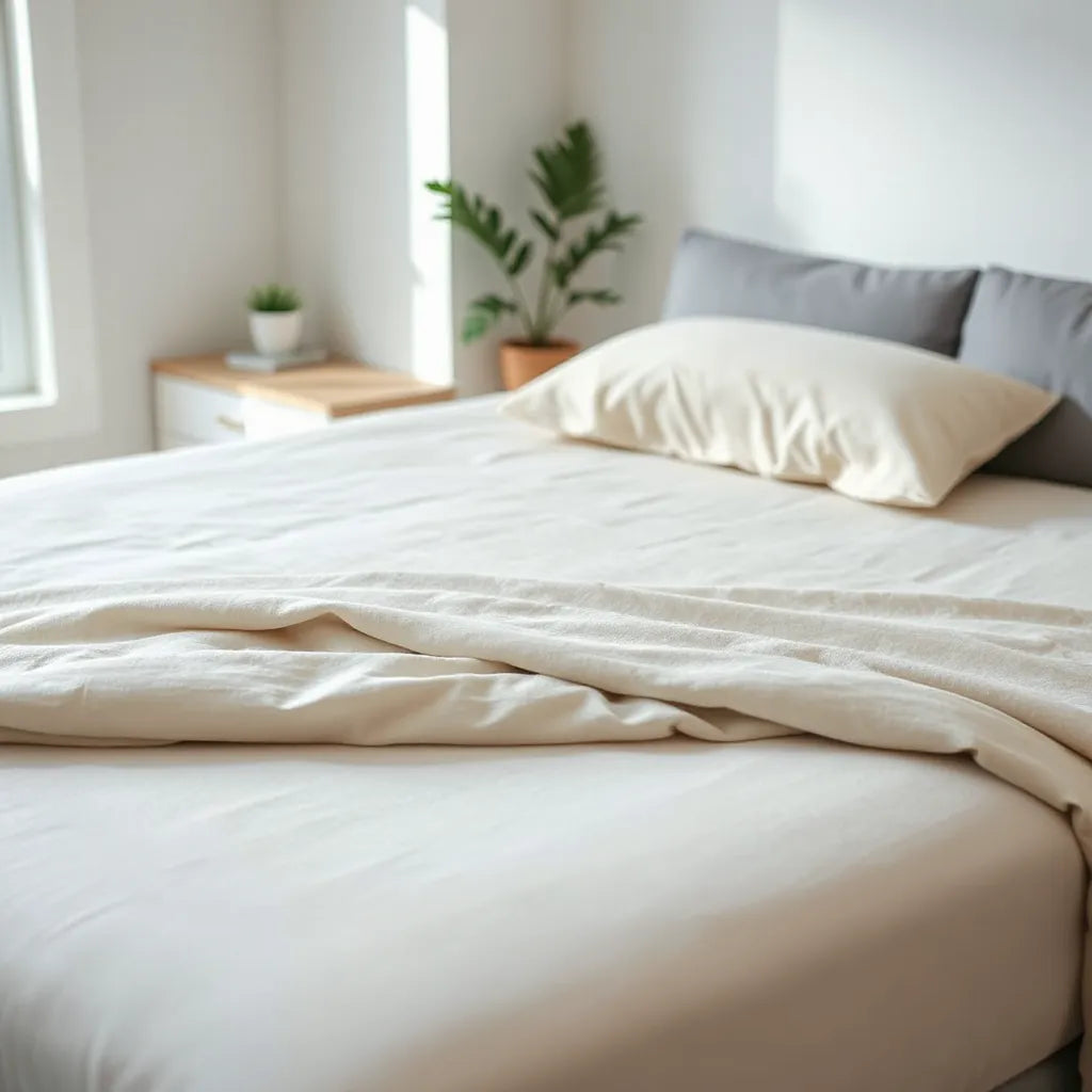 Luxury cooling mattress protector smoothly covering a neatly made bed in soft neutral bedding