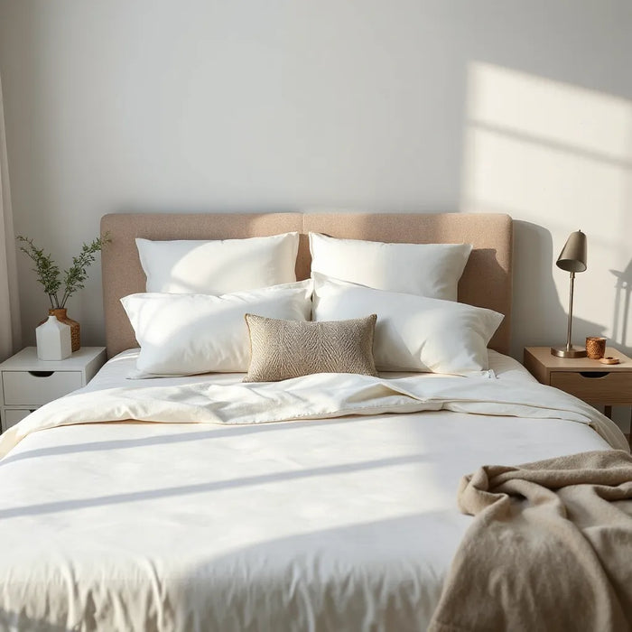 Neatly made bed with durable mattress and soft bedding under natural morning light