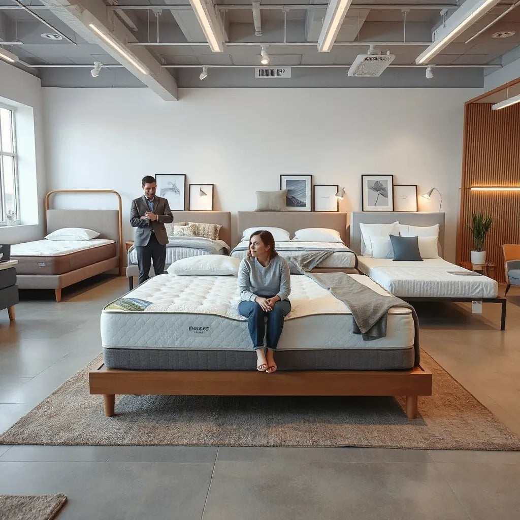 Customer testing a mattress with a consultant in a modern showroom with neatly arranged bed displays