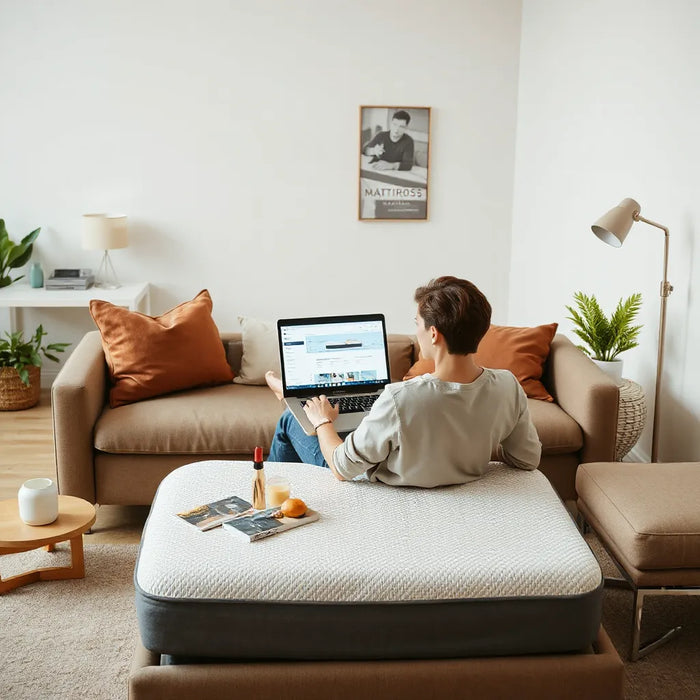 Person browsing a laptop near a made bed in a bright, modern showroom setting