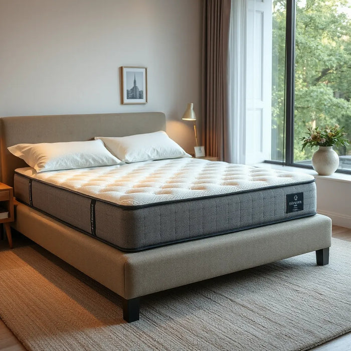 Luxury hybrid mattress on a neatly made bed with premium bedding and warm natural light