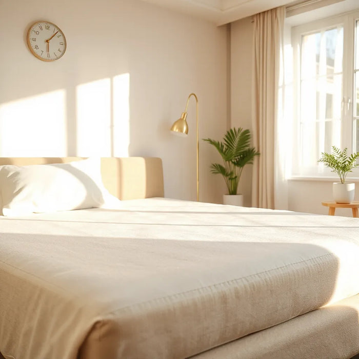 Neatly made bed with a breathable cooling mattress protector on the mattress in warm summer light