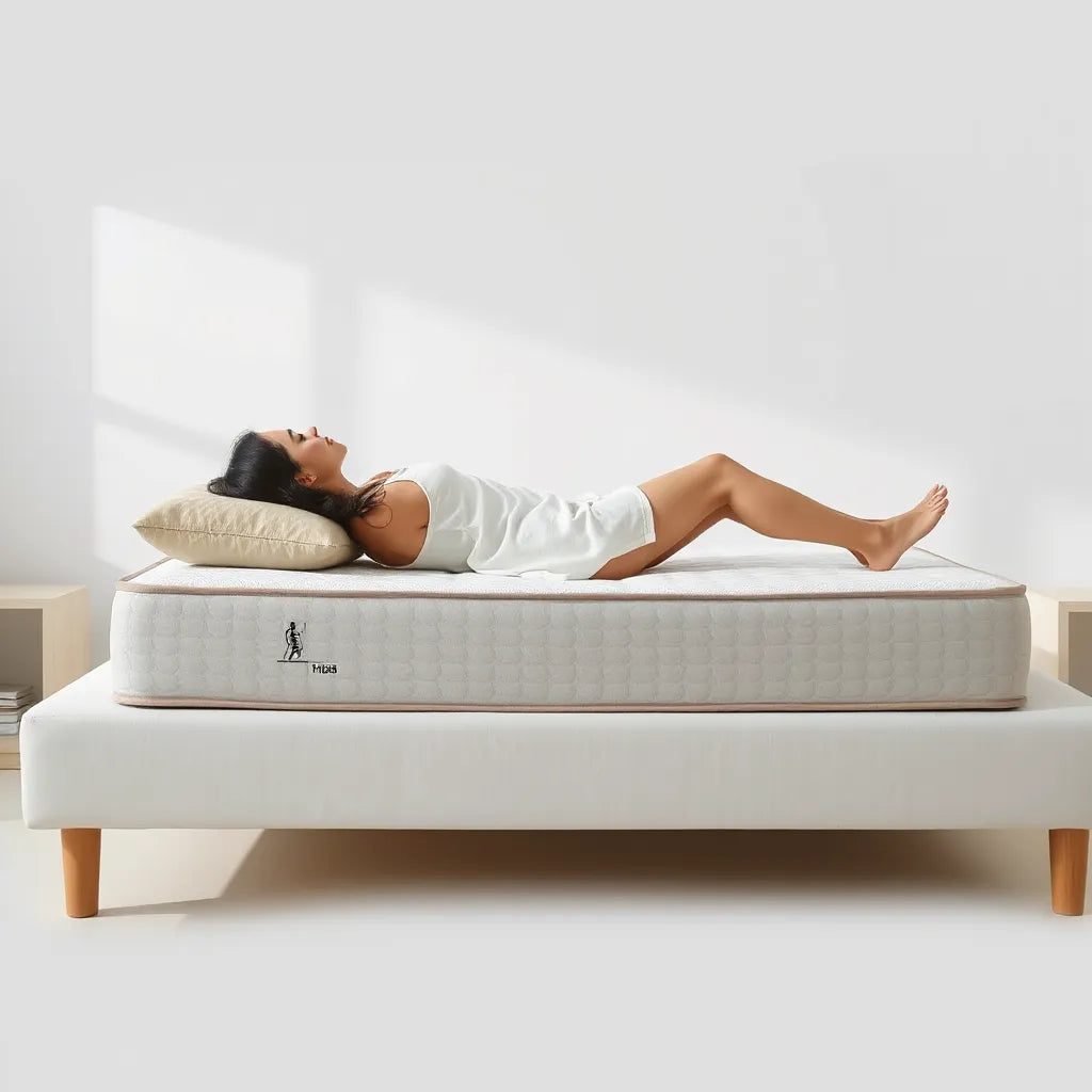 Supportive mattress firmness setup for back pain relief with a person lying comfortably on their back