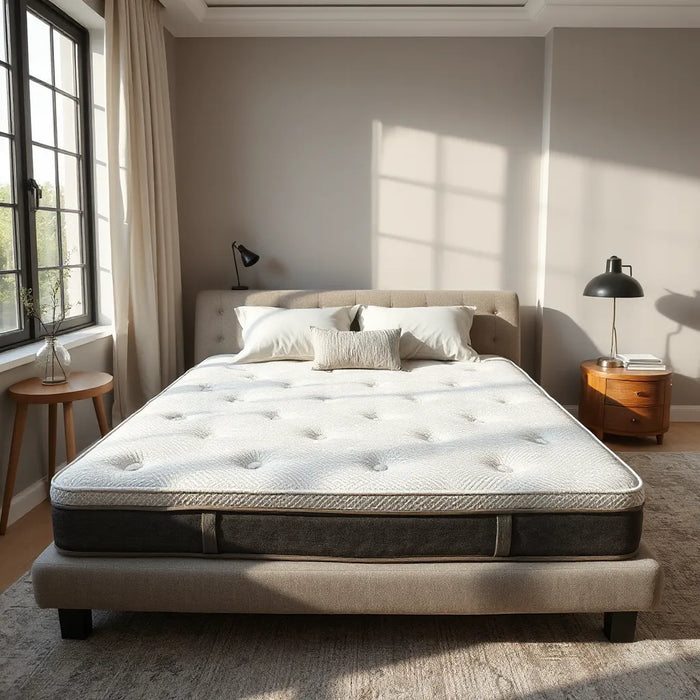 Neatly made luxury bed featuring a premium mattress with soft bedding in natural light
