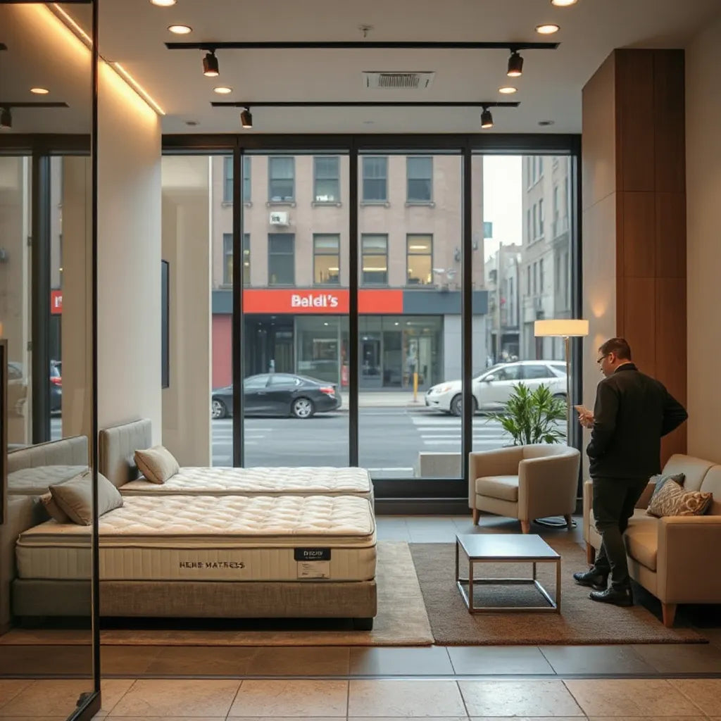 Customer browsing mattress displays inside a modern Midtown Manhattan showroom with city view through windows