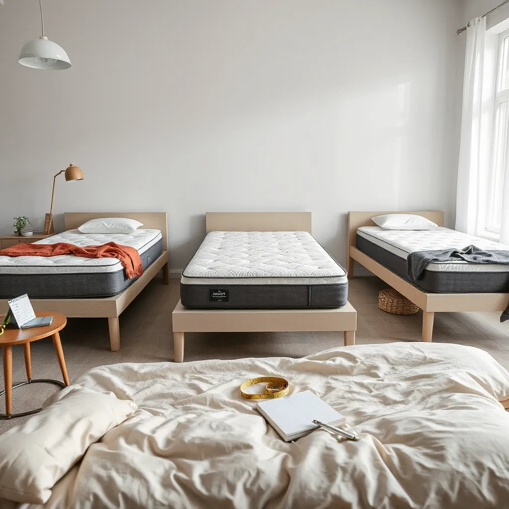 Three mattresses at different comfort levels in a bright, minimalist bedroom setup for smart budget shopping