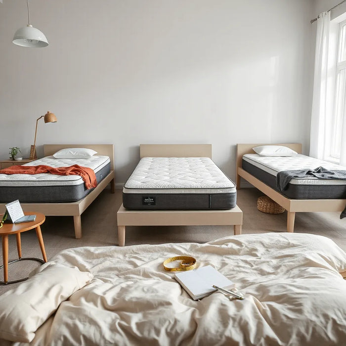 Three mattresses at different comfort levels in a bright, minimalist bedroom setup for smart budget shopping