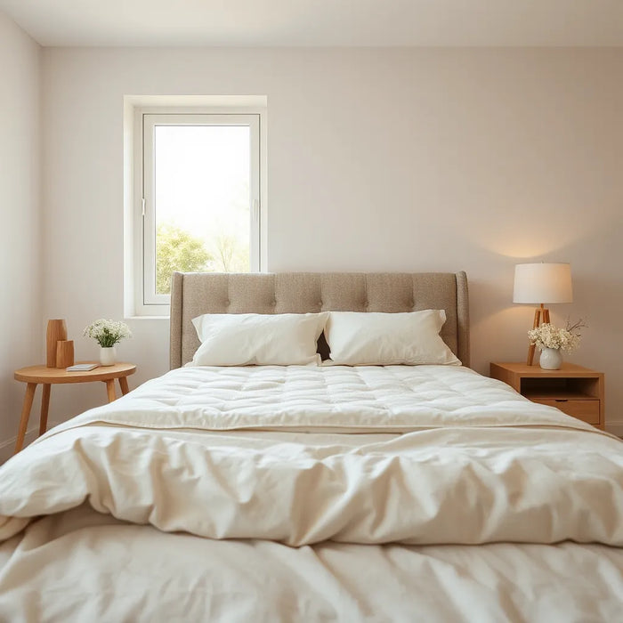 Neatly made bed with breathable bedding and warm morning light in a calm, uncluttered bedroom