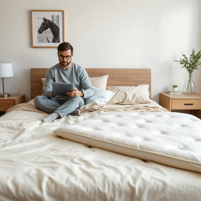 Person seated on a bed reviewing mattress details on a tablet next to a neatly arranged mattress