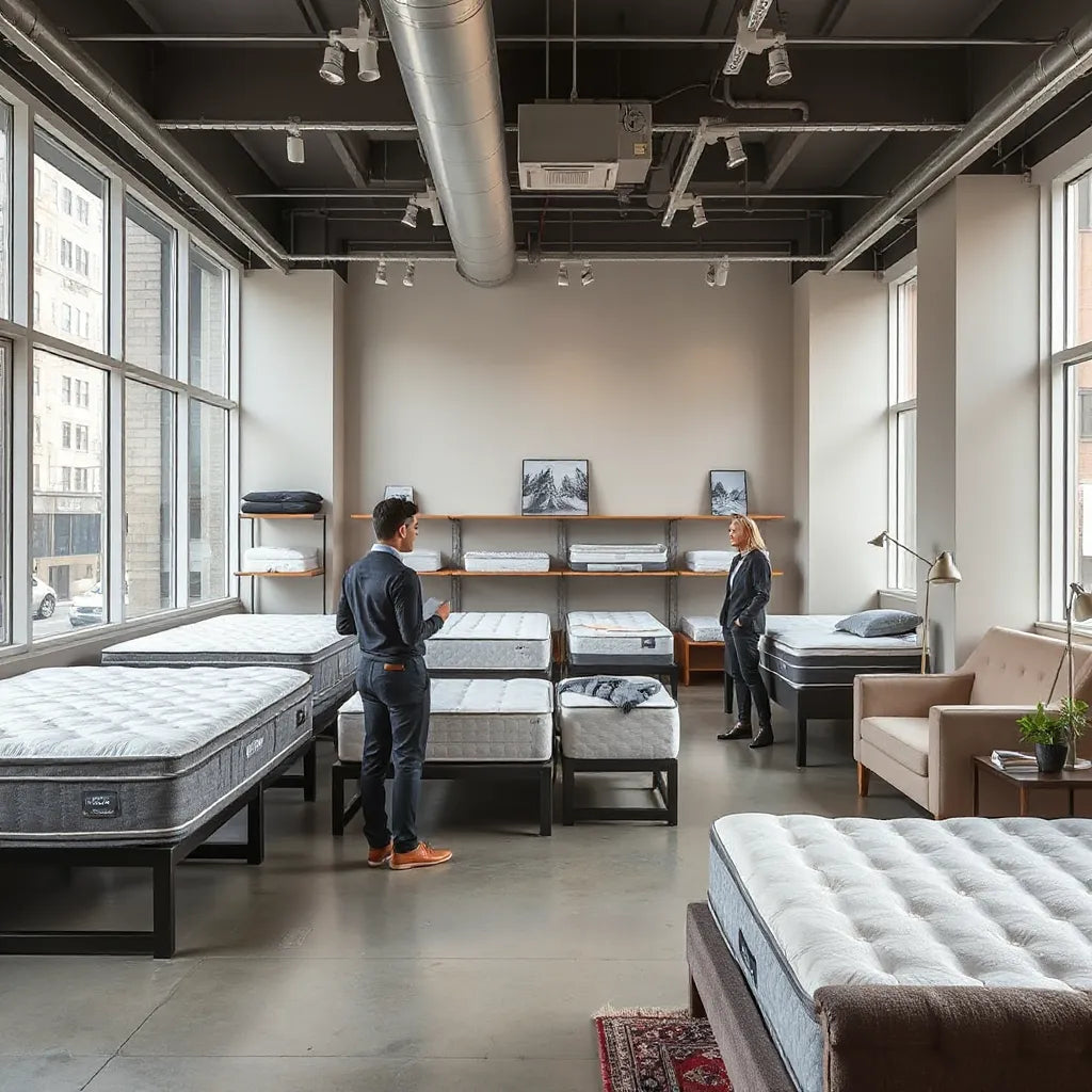 Couple comparing mattresses in a bright Midtown-style showroom with several display beds