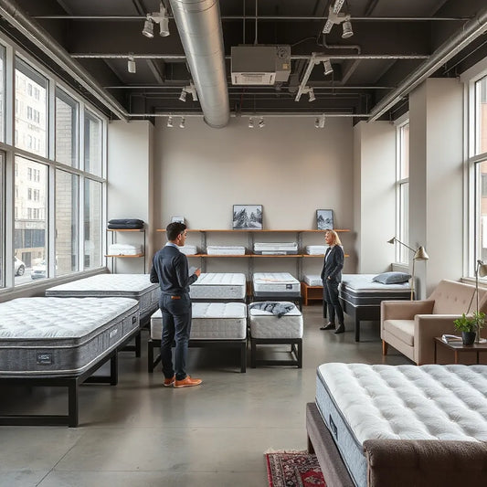Couple comparing mattresses in a bright Midtown-style showroom with several display beds