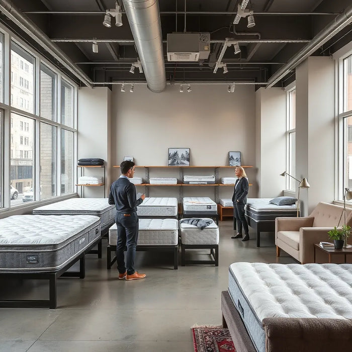 Couple comparing mattresses in a bright Midtown-style showroom with several display beds