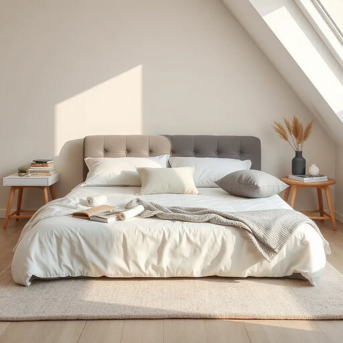 Neatly made bed with affordable mattress options and toppers in a bright, minimal bedroom