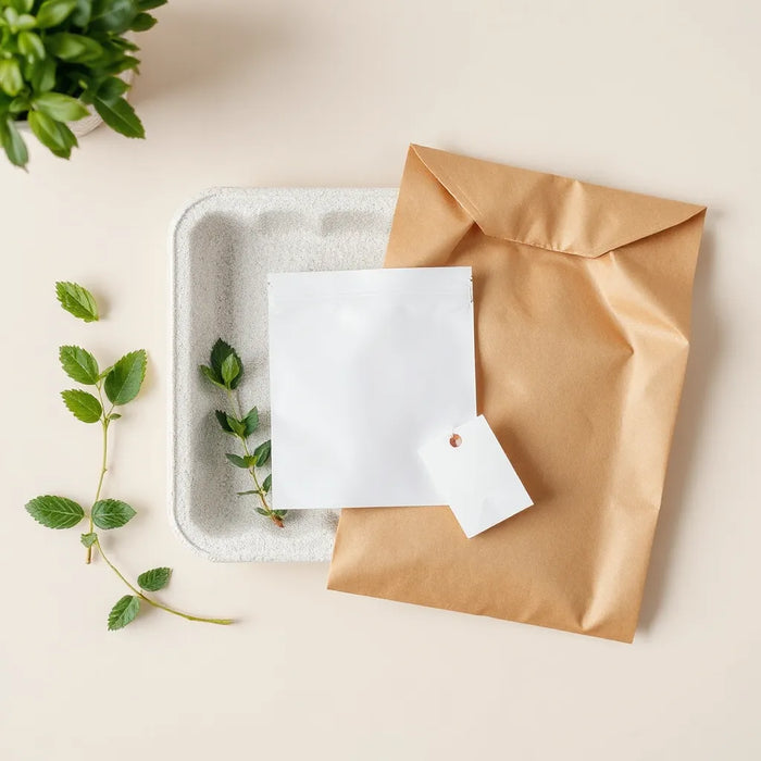 Assorted compostable packaging materials made from paper and plant-based fibers on a clean background