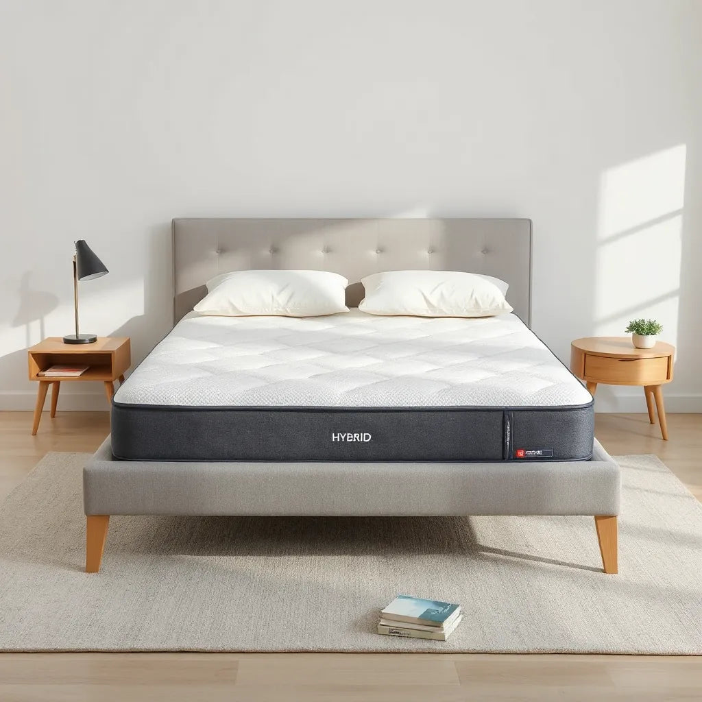 Neatly made bed featuring a hybrid mattress designed for back support and pressure relief