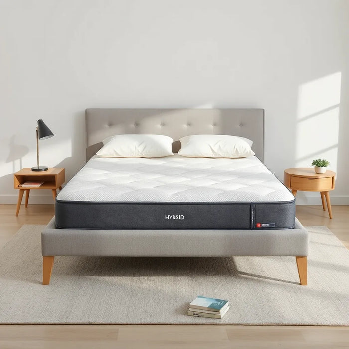 Neatly made bed featuring a hybrid mattress designed for back support and pressure relief