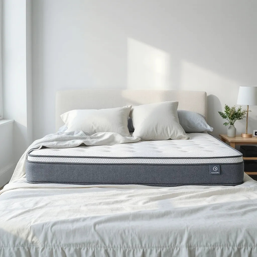Neatly made bed with cool-toned breathable fabric and soft natural light suggesting a temperature-regulating mattress