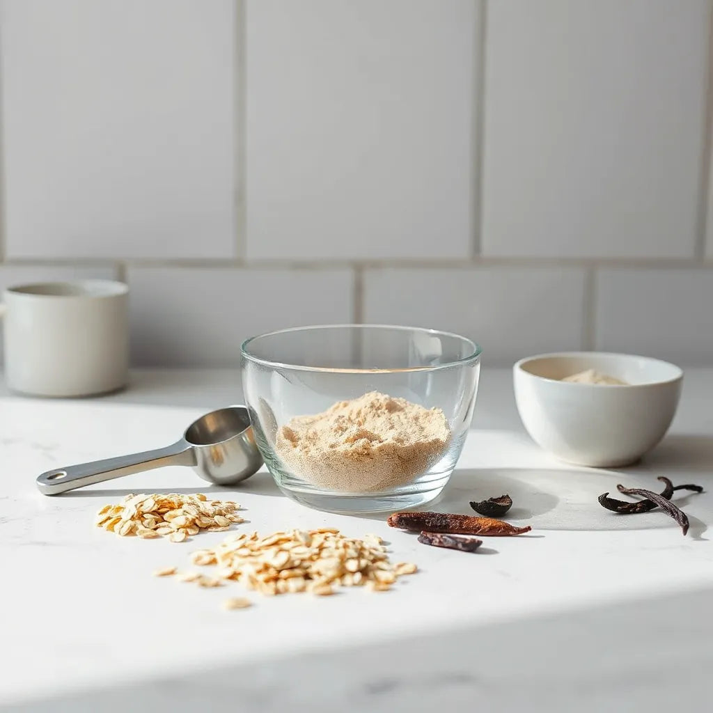 Metal scoop and bowl of plant-based protein powder on a clean countertop with natural ingredients nearby