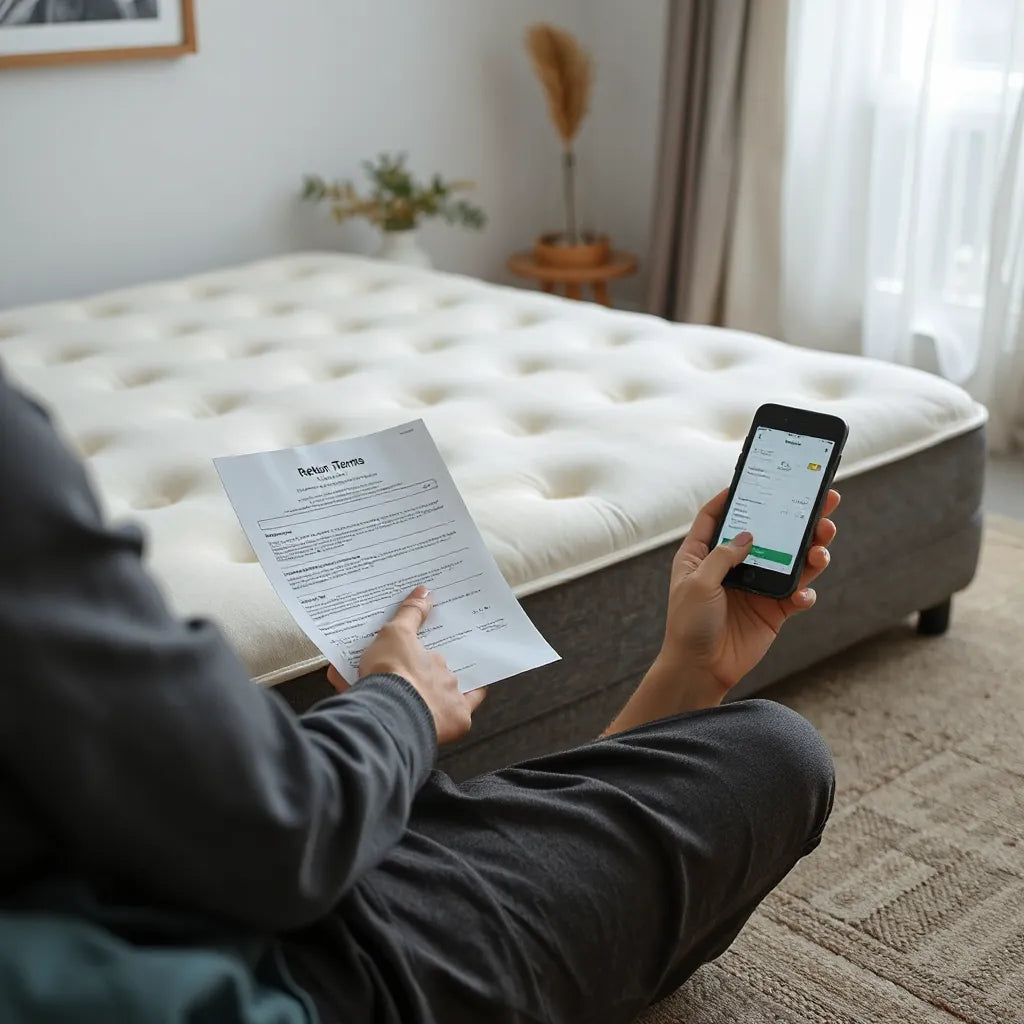 Person reviewing return paperwork beside a mattress on a living room floor