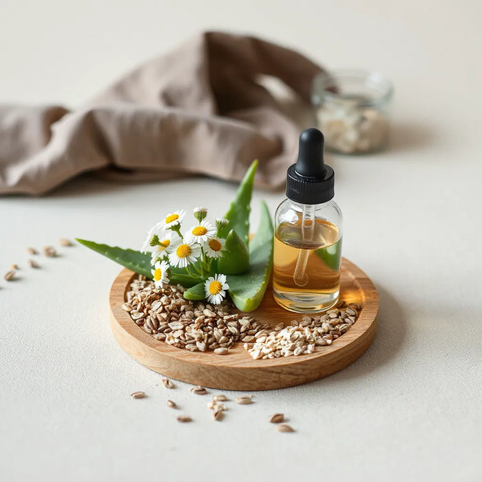 Botanical ingredients like aloe, chamomile, oats, and flax arranged with a glass dropper bottle on a light background