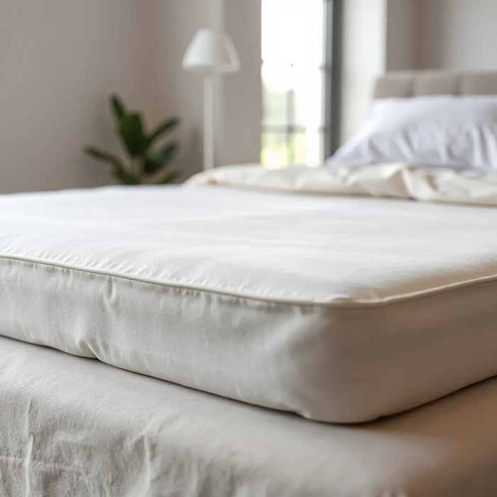 A fitted mattress protector on a neatly made bed, showing clean, water-repellent fabric texture.