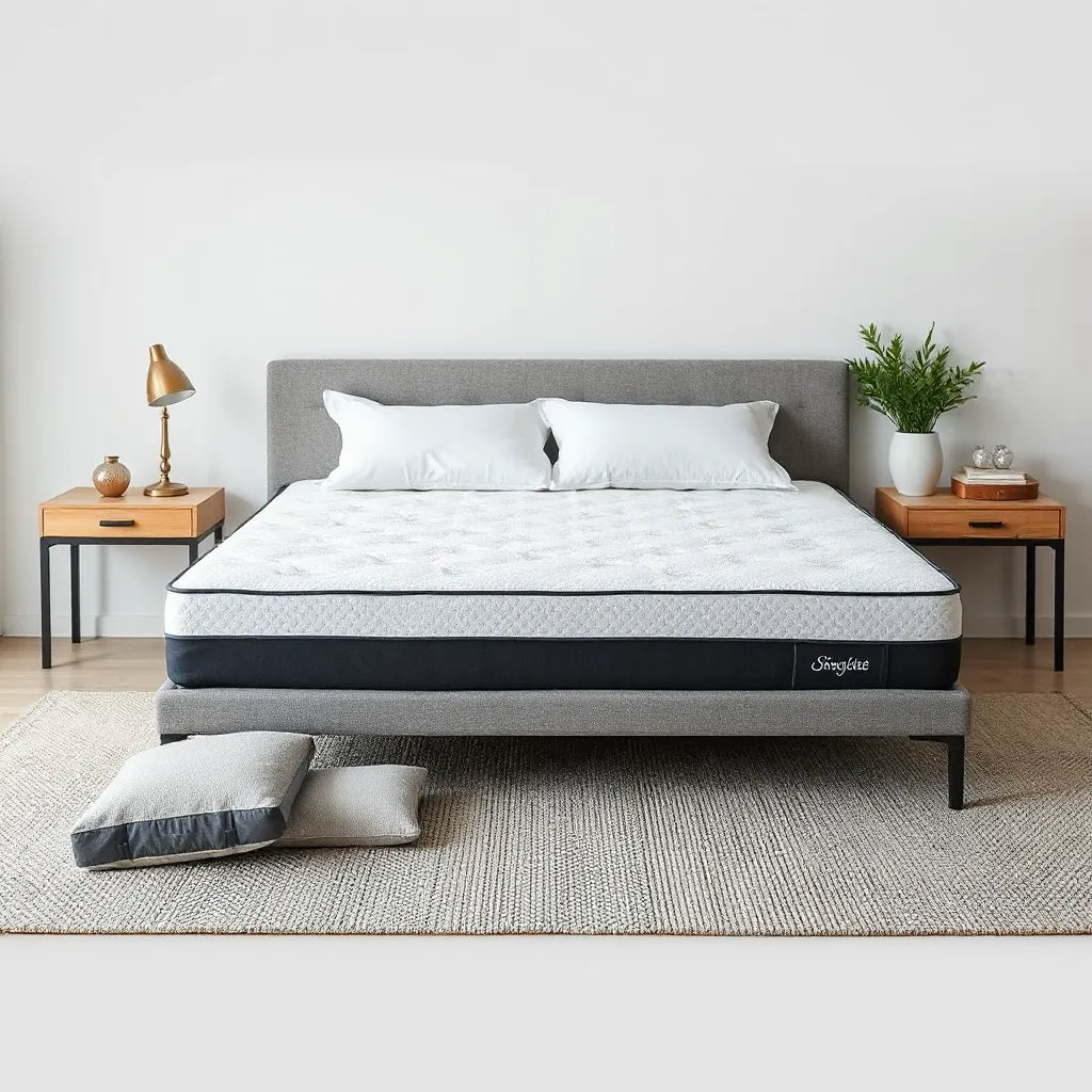 Customizable mattress with interchangeable comfort layers and firmness inserts beside a bed