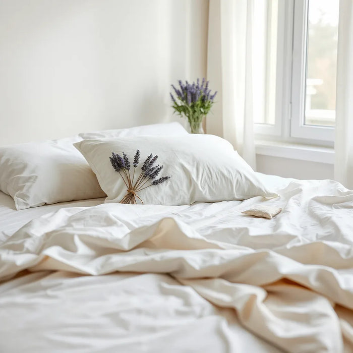 Lavender infused pillow on a neatly made bed with lavender sprigs nearby in soft natural light
