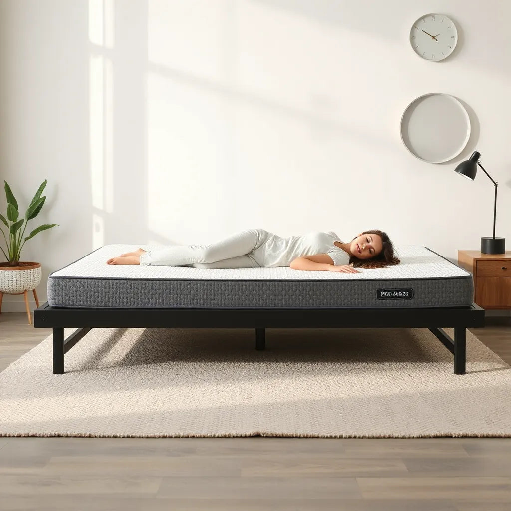 Person resting comfortably on a supportive mattress in a bright, minimal bedroom
