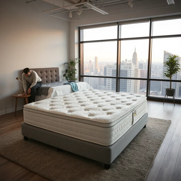 Person reviewing a neatly displayed mattress in a modern New York City showroom