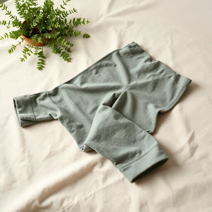 Eco-friendly yoga pants laid flat on a neutral surface with soft greenery in the background