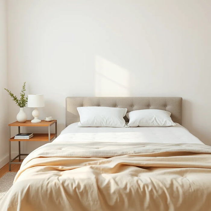 Neatly made bed with supportive pillows and a bedside lamp in soft morning light