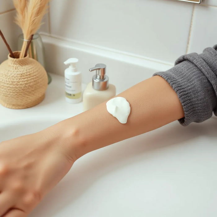 Hand applying moisturizing body lotion to smooth forearm skin with a pump bottle on a clean countertop