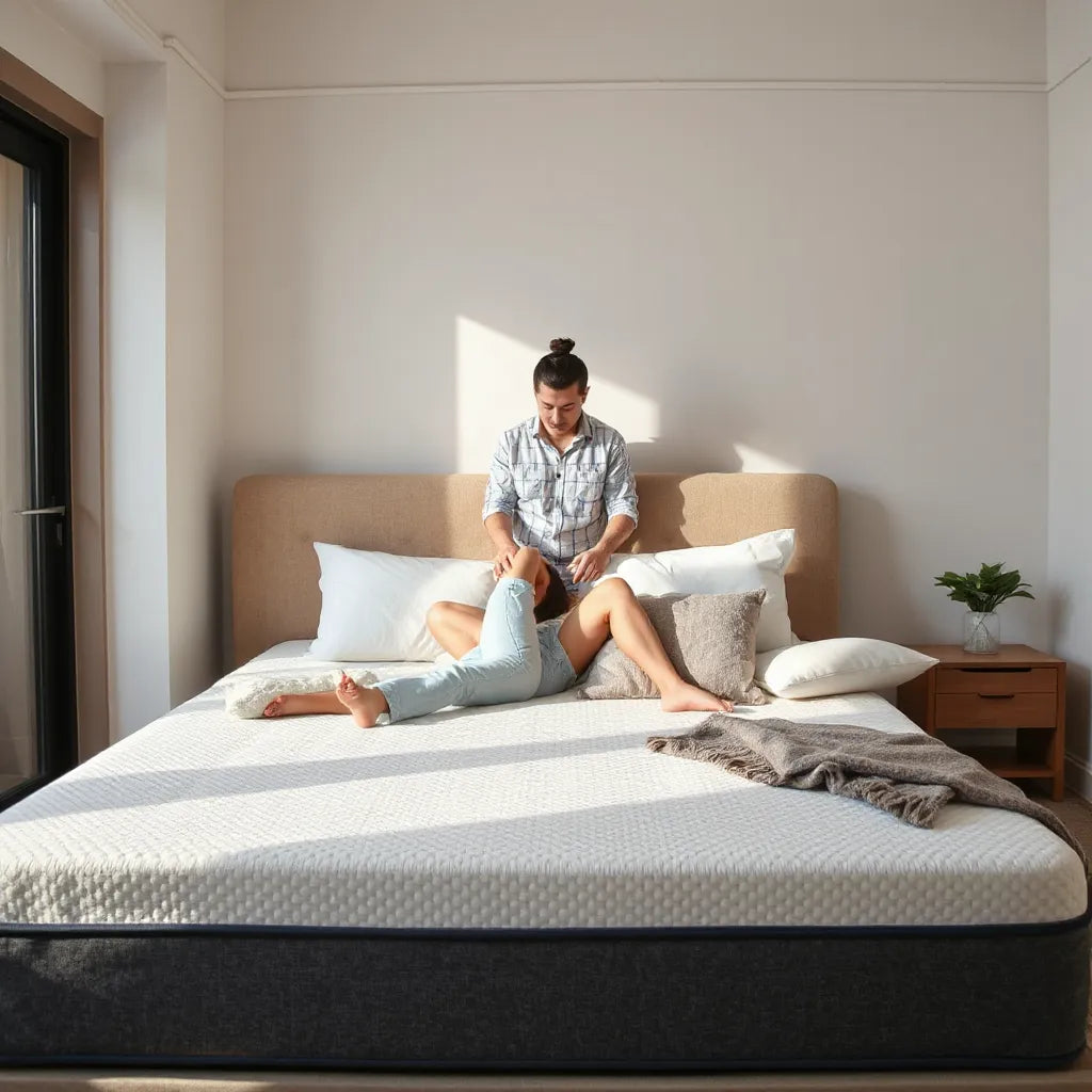 Shoppers testing a mattress in a showroom while lying in side and back positions
