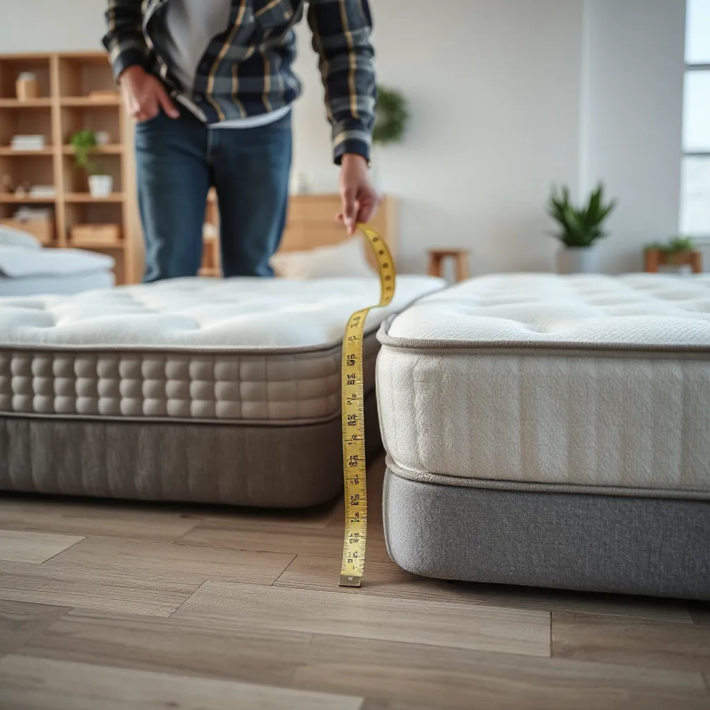 Person comparing mattresses on a showroom floor while checking firmness with a hand and measuring tape