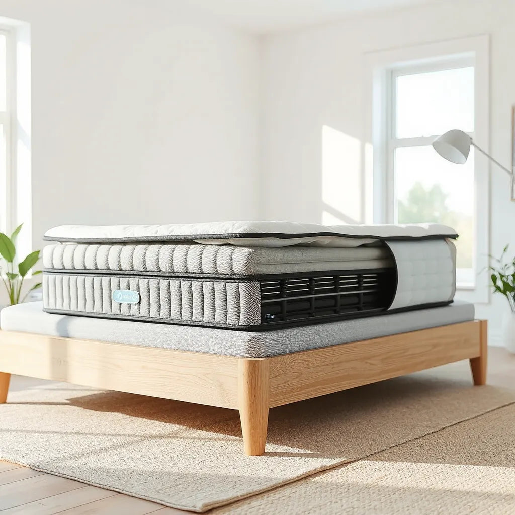 Heavy-duty coil mattress with thick steel springs and layered padding in a bright, minimal bedroom