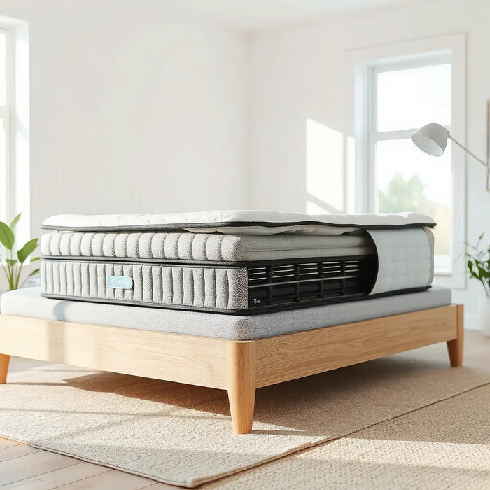 Heavy-duty coil mattress with thick steel springs and layered padding in a bright, minimal bedroom