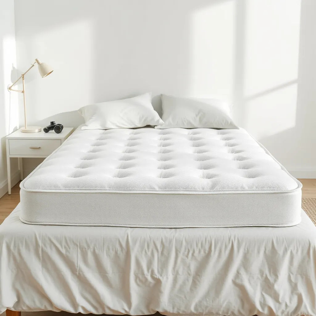 Neatly made bed highlighting a cooling gel mattress surface in a bright, minimal bedroom