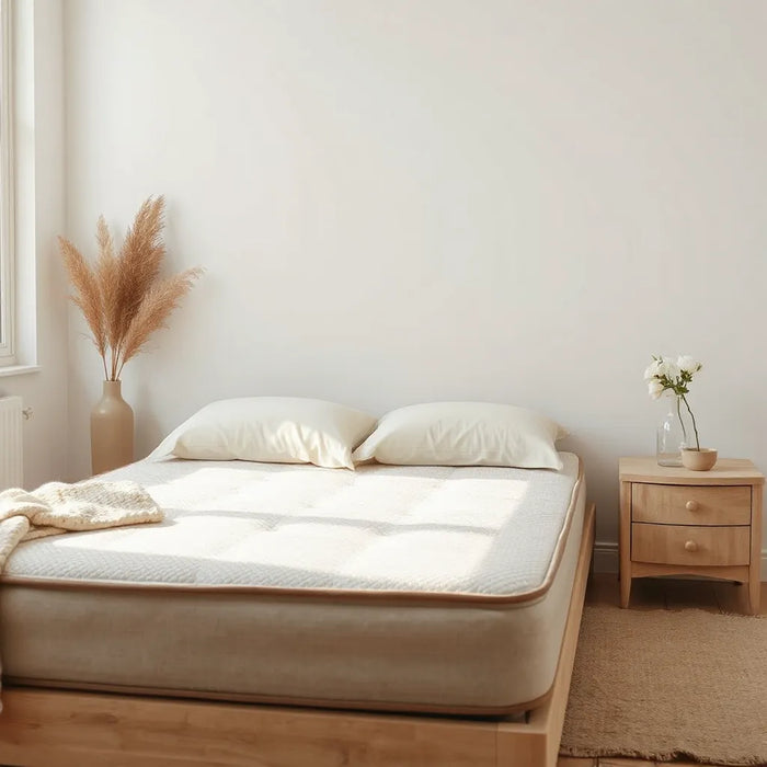 Neatly made bed with a natural, organic-textured mattress in a bright minimalist bedroom
