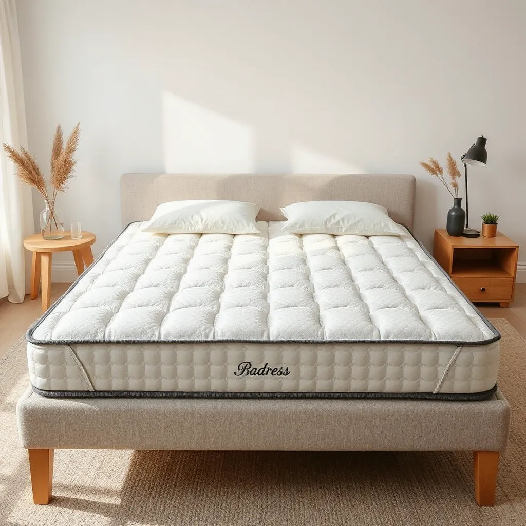 Quilted pillow top mattress on a neatly made bed with visible stitching and soft neutral bedding