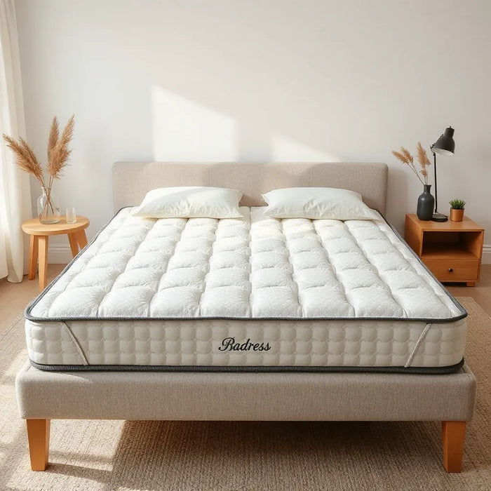 Quilted pillow top mattress on a neatly made bed with visible stitching and soft neutral bedding
