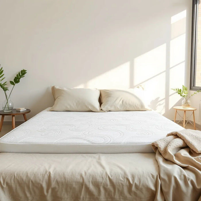 Neatly made bed with a contoured memory foam mattress surface in soft morning light